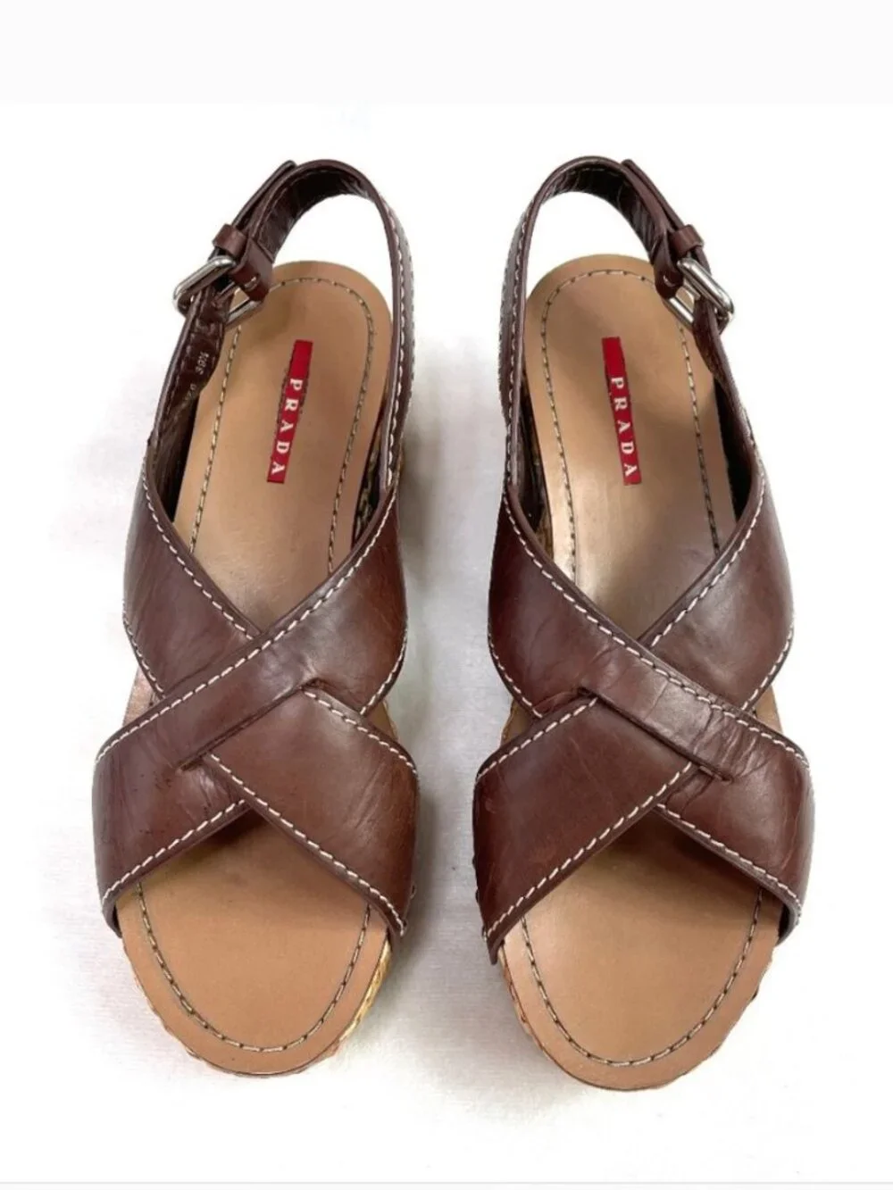 Auth Prada Leather Wicker Wedge Sandals size 39,5.